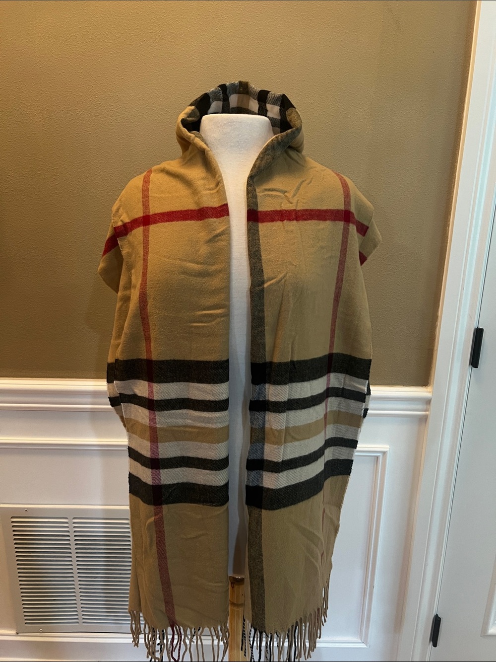 Extra wide Scarf Plaid Fringe Shawl - Camel Plaid